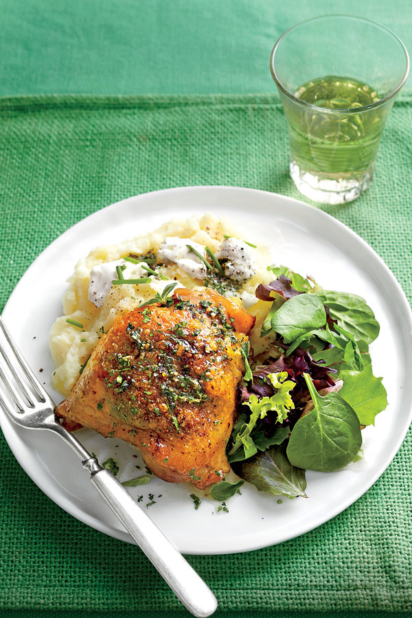 Roasting chicken thighs is a great weeknight technique because it's hard to mess up. Let stand for 10 minutes so the meat soak up any cooking juices.